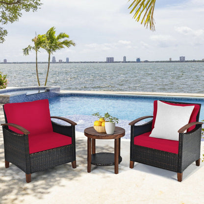 3-Piece Patio Rattan Furniture Set with Washable Cushion and Acacia Wood Tabletop