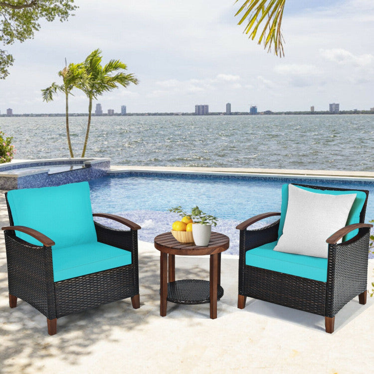 3-Piece Patio Rattan Furniture Set with Washable Cushion and Acacia Wood Tabletop