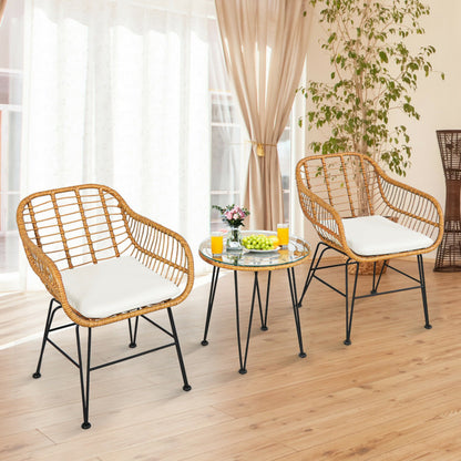 3-Piece Rattan Furniture Set with Cushioned Chair Table