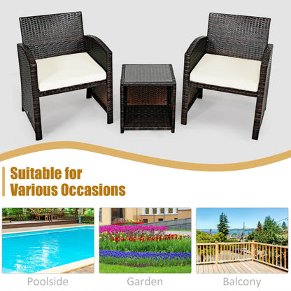 3-Piece PE Rattan Wicker Furniture Set with Cushion Sofa and Coffee Table