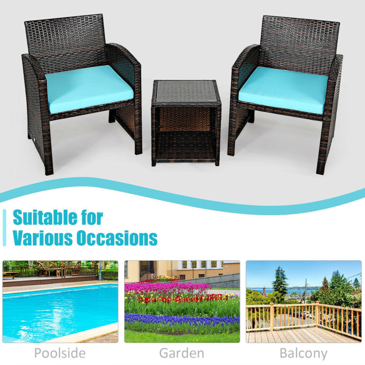 3-Piece PE Rattan Wicker Furniture Set with Cushion Sofa and Coffee Table