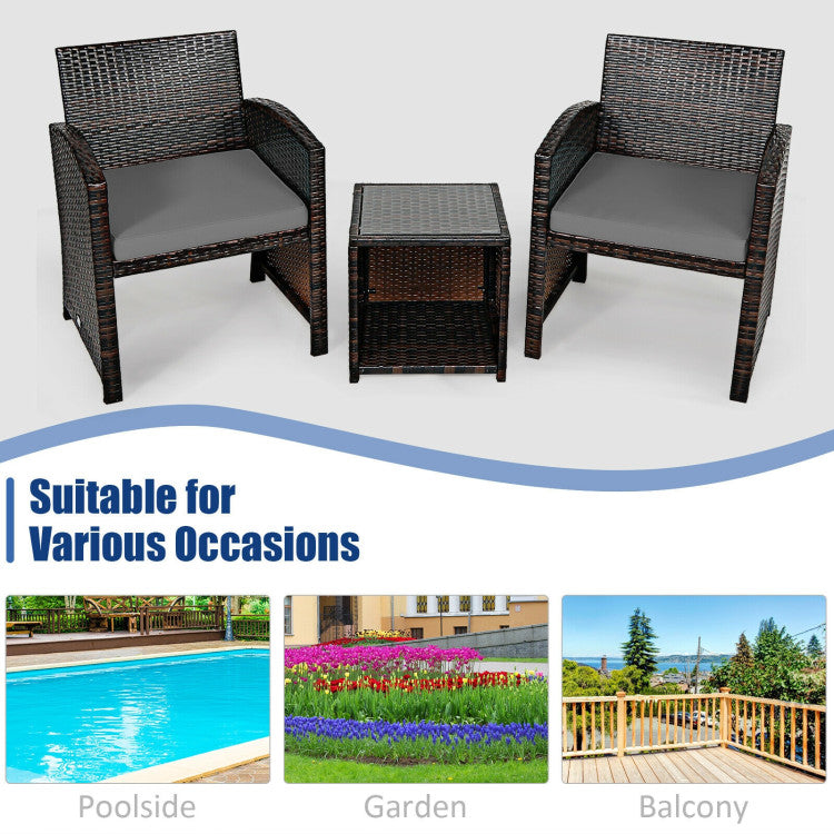 3-Piece PE Rattan Wicker Furniture Set with Cushion Sofa and Coffee Table