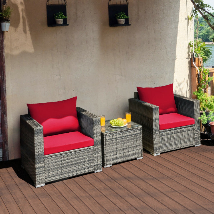 3-Piece Patio Rattan Furniture Bistro Sofa Set with Cushioned