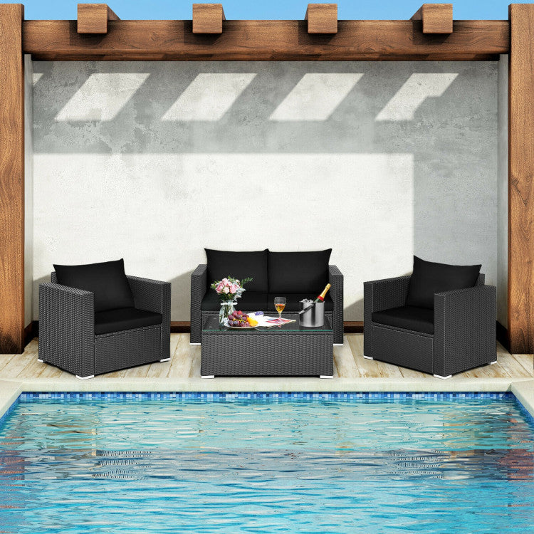 4-Piece Patio Rattan Conversation Set with Padded Cushion and Tempered Glass Coffee Table