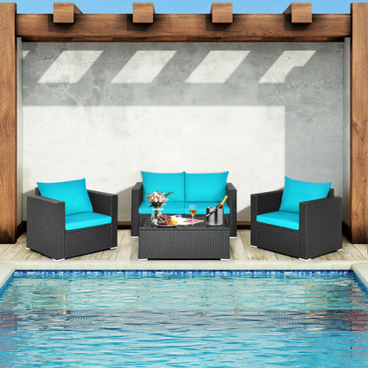 4-Piece Patio Rattan Conversation Set with Padded Cushion and Tempered Glass Coffee Table