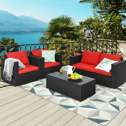 4-Piece Patio Rattan Conversation Set with Padded Cushion and Tempered Glass Coffee Table