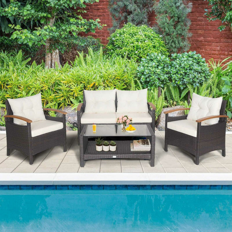 4-Piece Patio Rattan Furniture Set with Cushioned Sofa and Storage Table