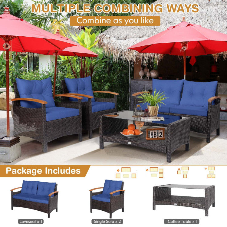 4-Piece Patio Rattan Furniture Set with Cushioned Sofa and Storage Table