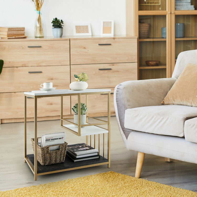 3-Tier Multi-function Marble End Table with Storage Shelf