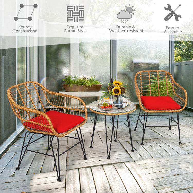 3-Piece Rattan Furniture Set with Cushioned Chair Table