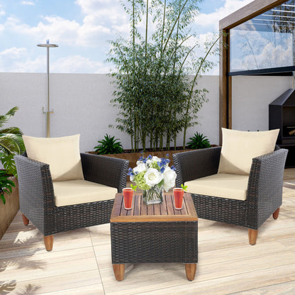 3-Piece Patio Rattan Bistro Furniture Set with Wooden Table Top