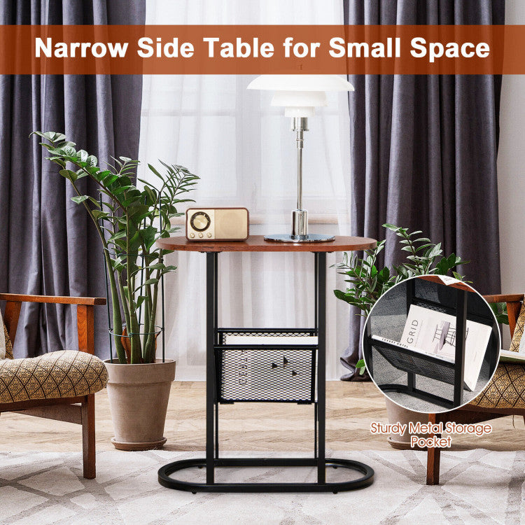 2-tier Industrial Oval Side Table with Mesh Shelf