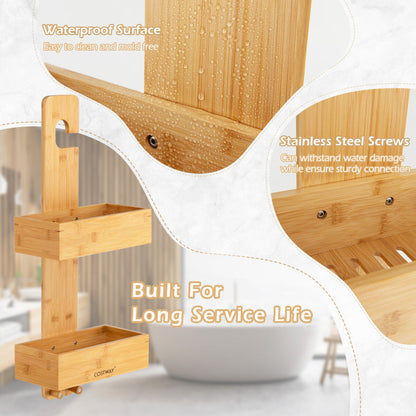 2-Tier Bamboo Hanging Shower Caddy Bathroom Shelf with 2 Hooks