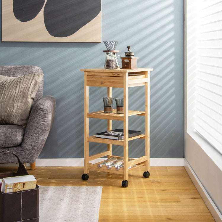 Bamboo Rolling Small Storage Cart with Drawer and Shelves