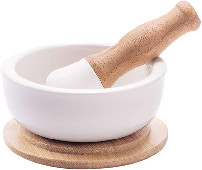 Porcelain Mortar and Pestle Set – Pill Crusher, Spice Grinder, Herb Bowl, Pesto Powder – Molcajete for Salt - Plus Lid/Non-Slip Base