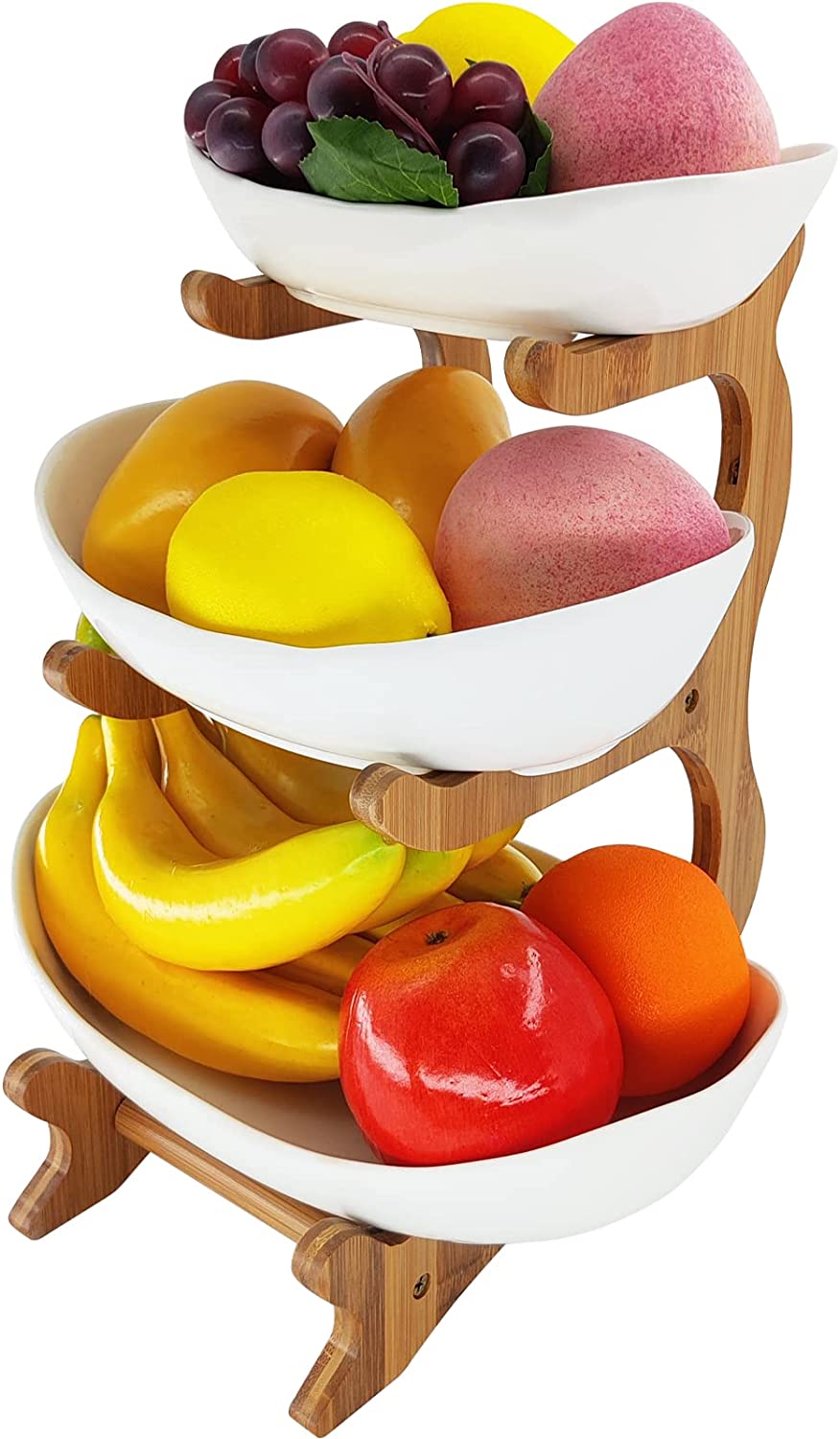 3 Tier Fruit Basket for Kitchen, Ceramic Fruit Bowl for Kitchen Counter, Large Capacity Tiered Fruit Basket Stand, Bamboo Fruit Basket, Porcelain