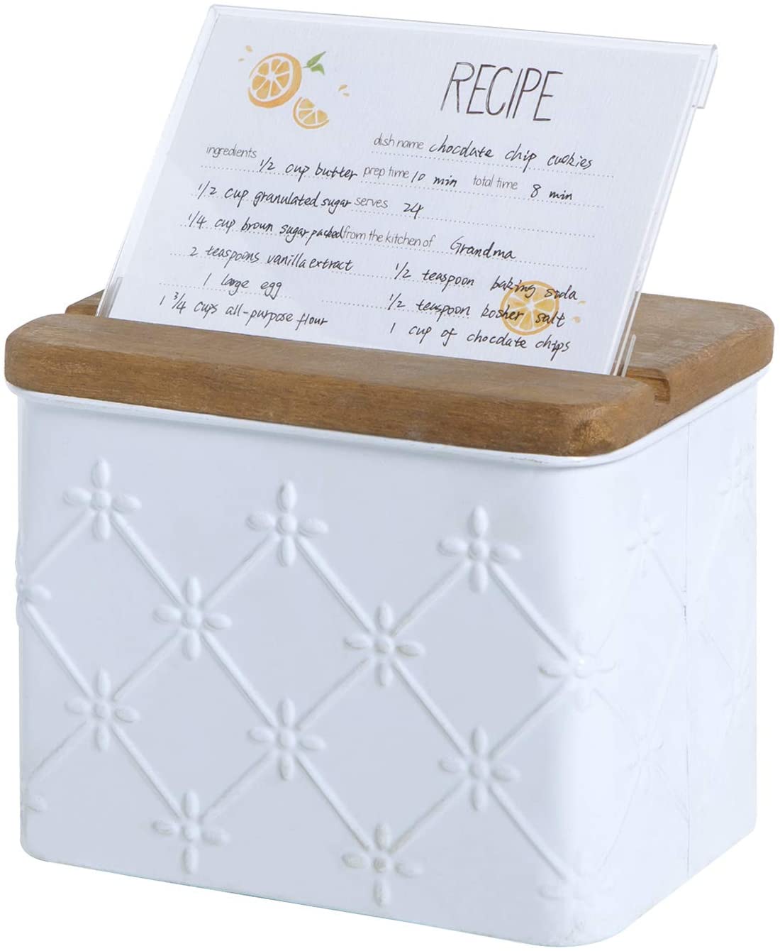 Kitchen Metal Recipe Organization Box with Cards and Dividers, Floral Embossing Pattern