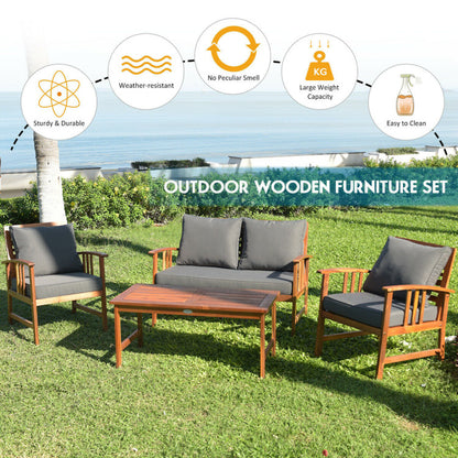 4-Piece Wooden Patio Sofa Chair Set with Cushion