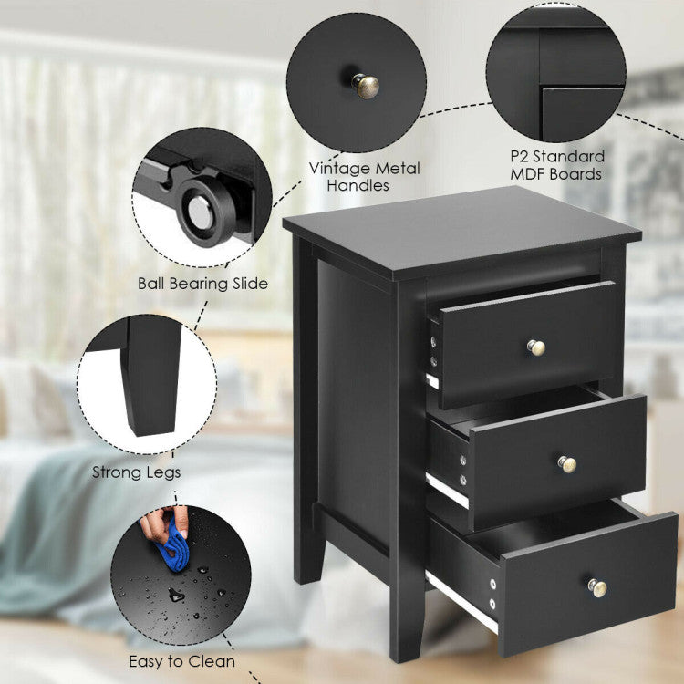 2 Pieces Nightstand End Beside Table with 3 Drawers