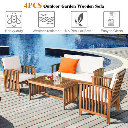 4-Piece Patio Solid Wood Furniture Set with Water Resistant Cushions