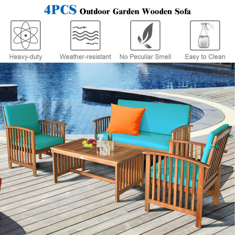 4-Piece Patio Solid Wood Furniture Set with Water Resistant Cushions