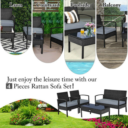 4 Pieces Patio Rattan Cushioned Furniture Set with Loveseat and Table