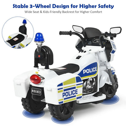 Costway 6V 3-Wheel Kids Police Ride On Motorcycle with Backrest