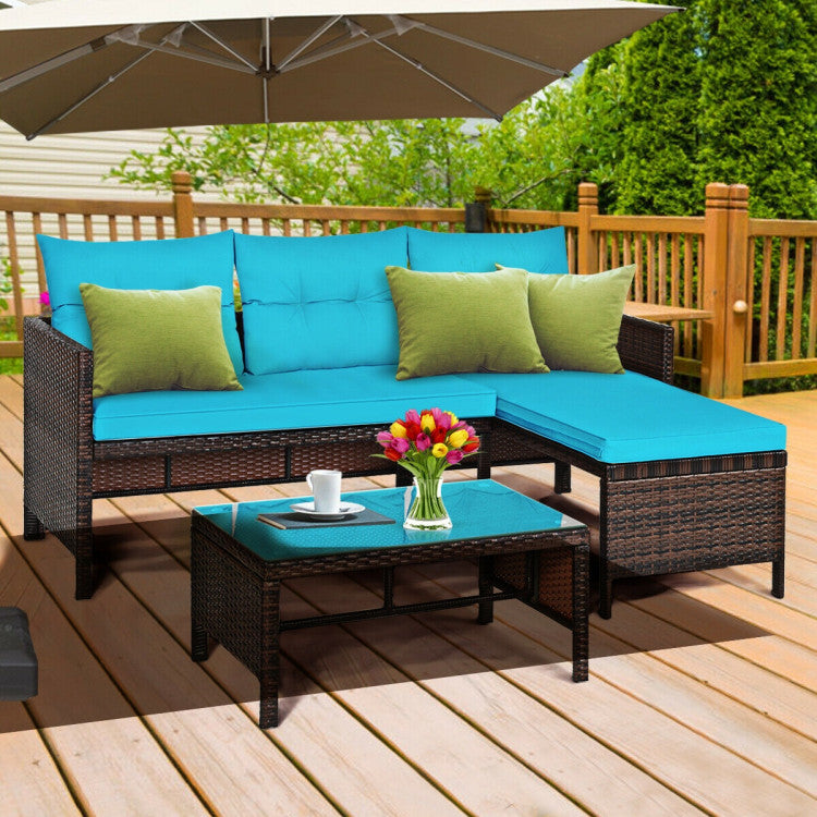 3 Pieces Outdoor Patio Corner Rattan Sofa Set