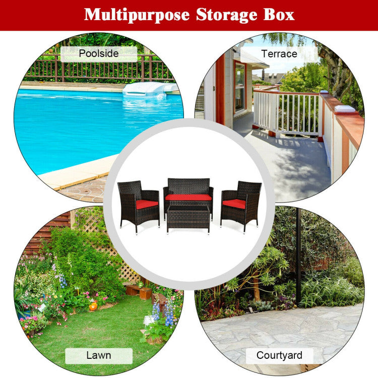 4 Pieces Comfortable Outdoor Rattan Sofa Set with Glass Coffee Table