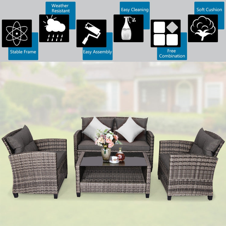 4-Piece Patio Rattan Furniture Set Coffee Table Cushioned Sofa