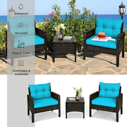 3-Piece Outdoor Patio Rattan Conversation Set with Seat Cushions