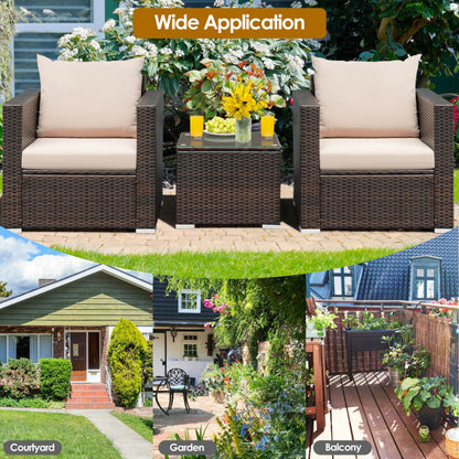 3-Piece Patio Conversation Rattan Furniture Set with Cushion