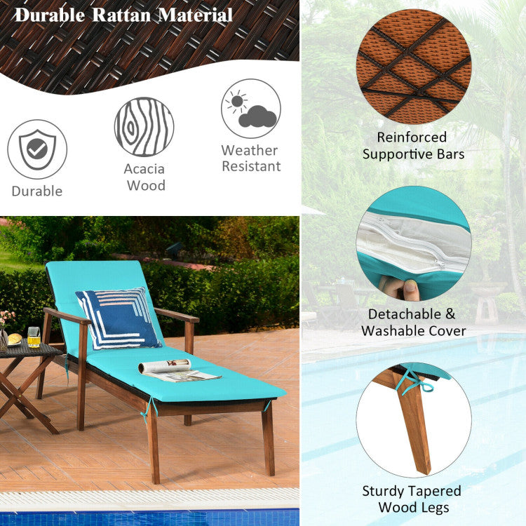 3-Piece Portable Patio Cushioned Rattan Lounge Chair Set with Folding Table