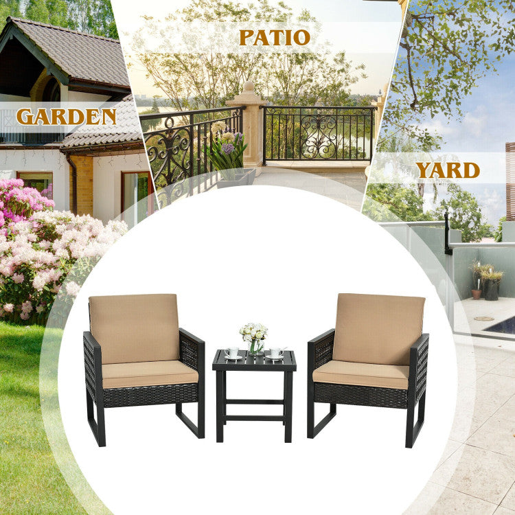 3-Piece Patio Rattan Bistro Cushioned Furniture Set