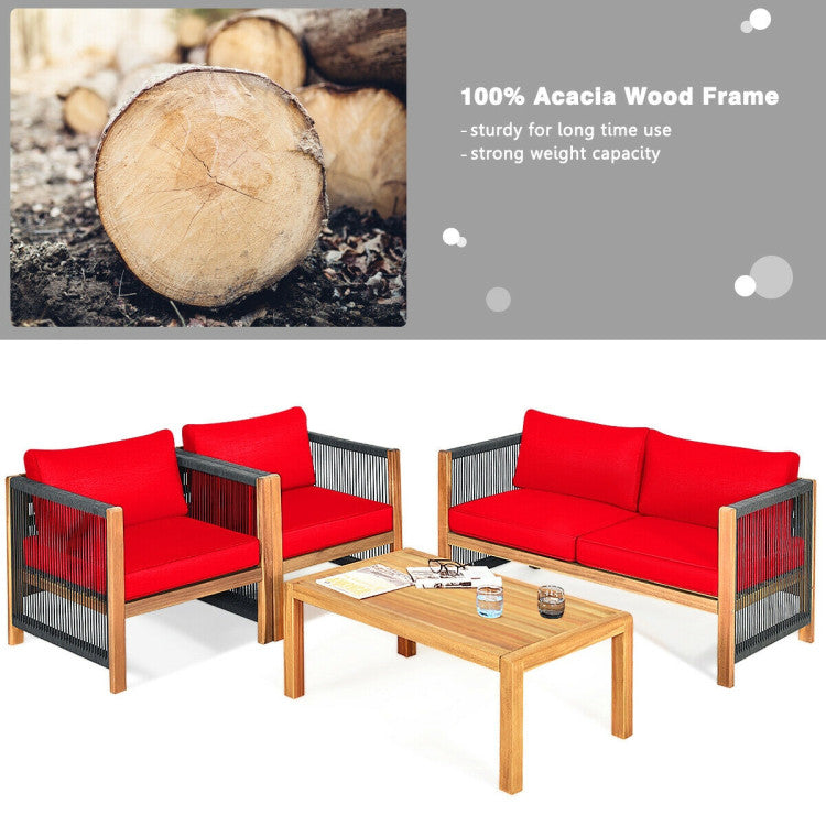 4-Piece Acacia Wood Sofa Set with Cushions for Outdoor Patio