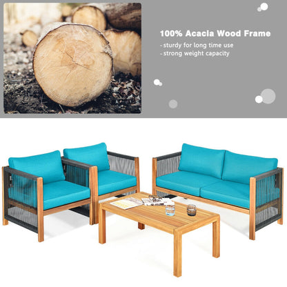 4-Piece Acacia Wood Sofa Set with Cushions for Outdoor Patio