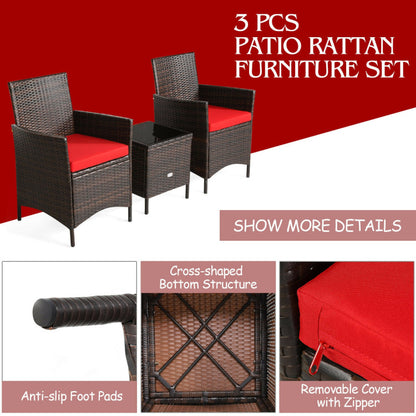 3-Piece Patio Rattan Furniture Set Cushioned Sofa and Glass Tabletop