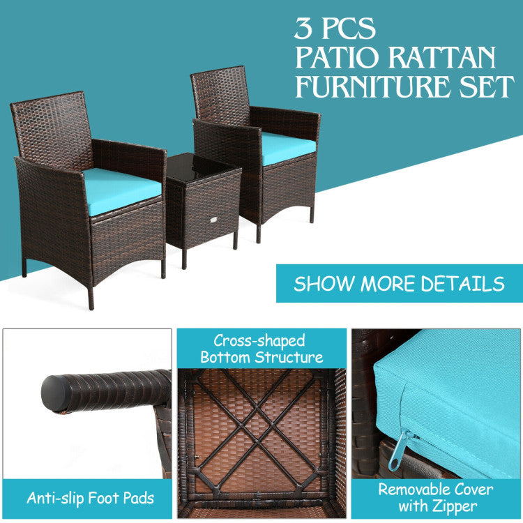 3-Piece Patio Rattan Furniture Set Cushioned Sofa and Glass Tabletop