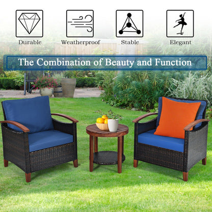 3-Piece Patio Rattan Furniture Set with Washable Cushion and Acacia Wood Tabletop