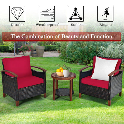 3-Piece Patio Rattan Furniture Set with Washable Cushion and Acacia Wood Tabletop