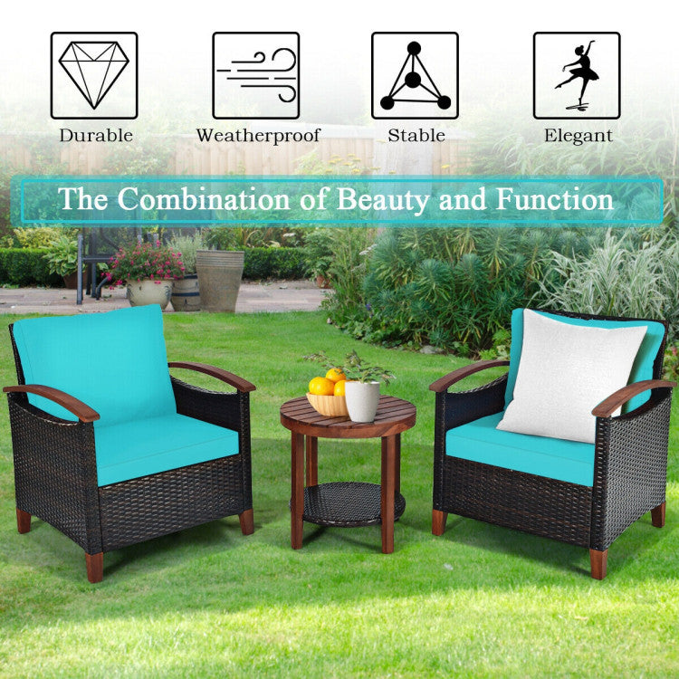 3-Piece Patio Rattan Furniture Set with Washable Cushion and Acacia Wood Tabletop