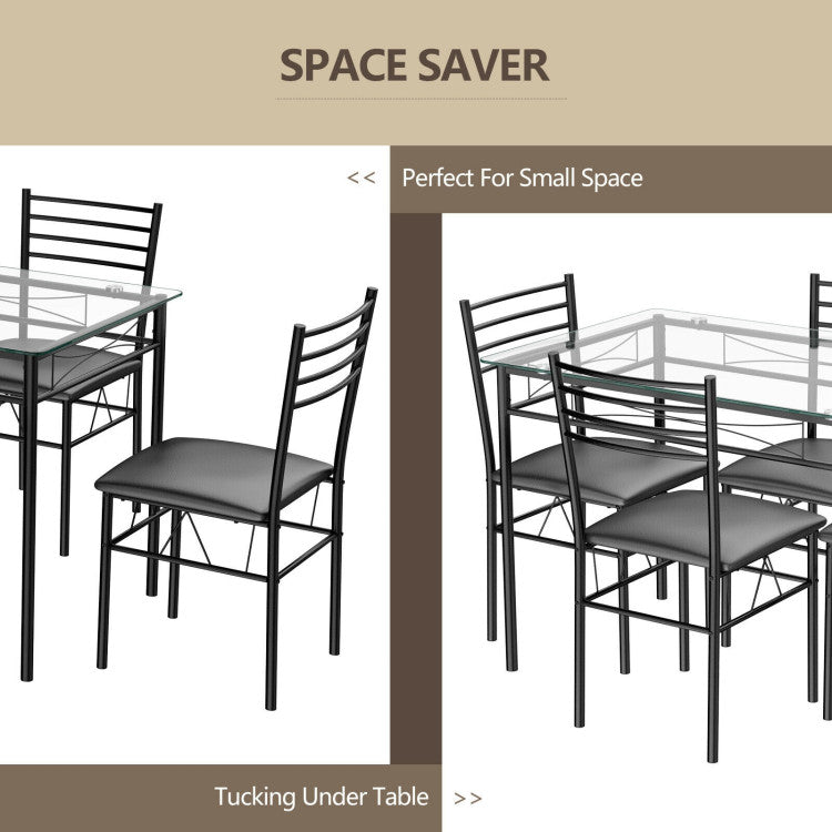 5 Pieces Dining Set with Tempered Glass Top Table and 4 Upholstered Chairs