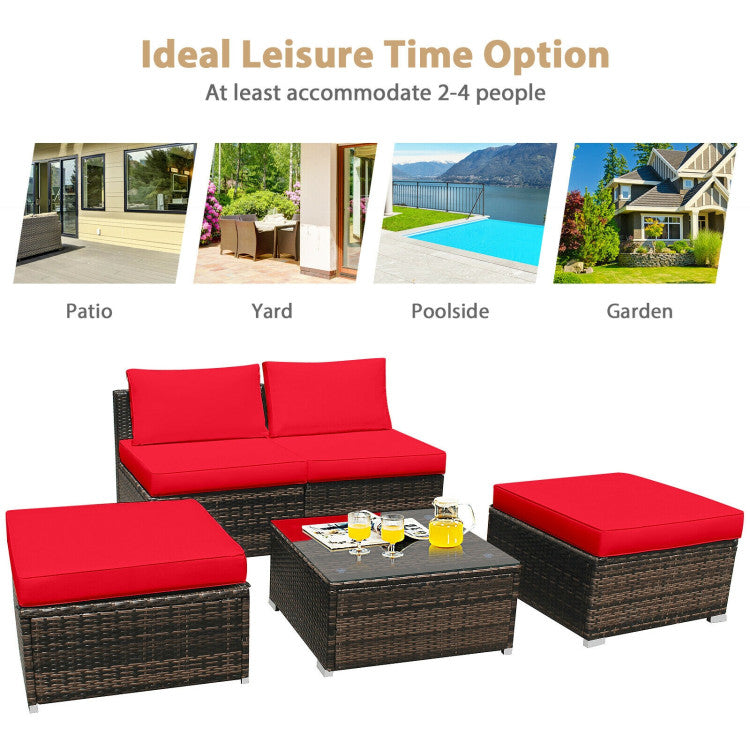 5 Pieces Patio Rattan Furniture Set with Cushioned Armless Sofa