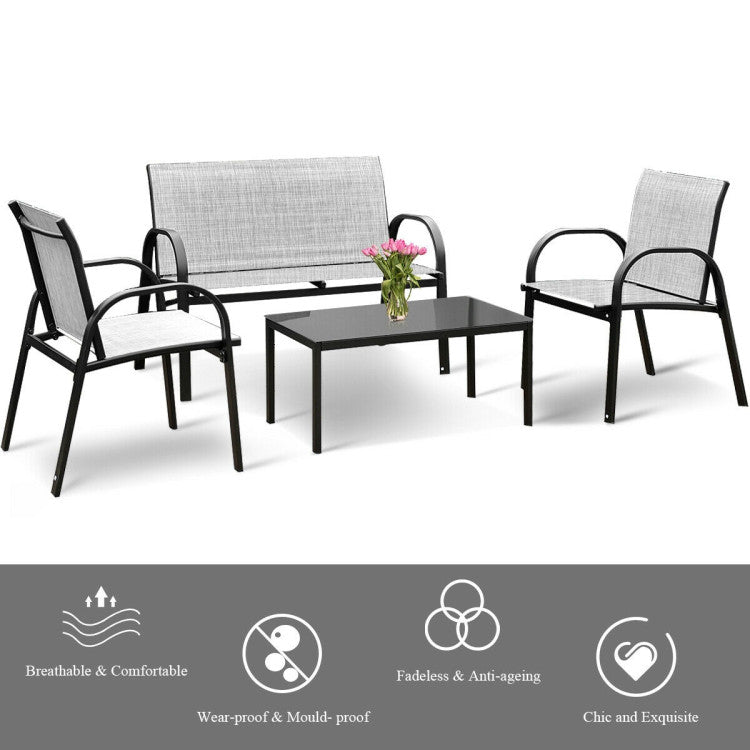 4-Piece Patio Furniture Set with Glass Top Coffee Table