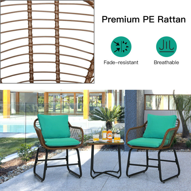 3-Piece Patio Rattan Bistro Set Cushioned Chair Glass Table Deck