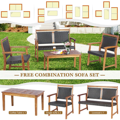 4-Piece Outdoor Patio Rattan Furniture Sofa Set with Acacia Wood Frame
