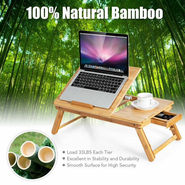Bamboo Laptop Lap Tray with Adjustable Legs and Tilting Heat-dissipation Top