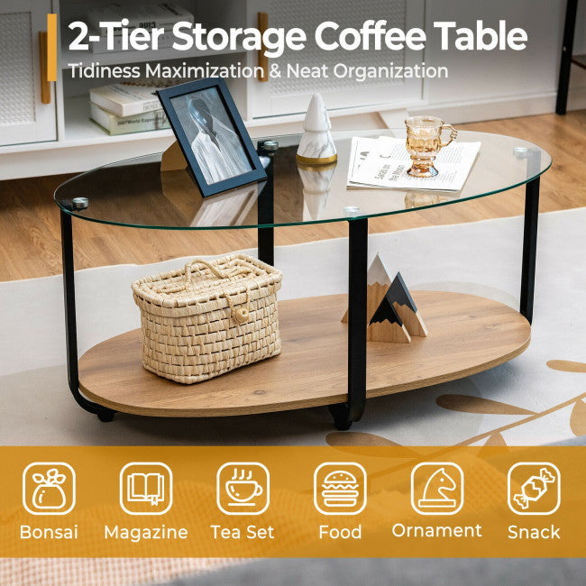 2-Tier Glass-Top Modern Coffee Table with Storage Shelf