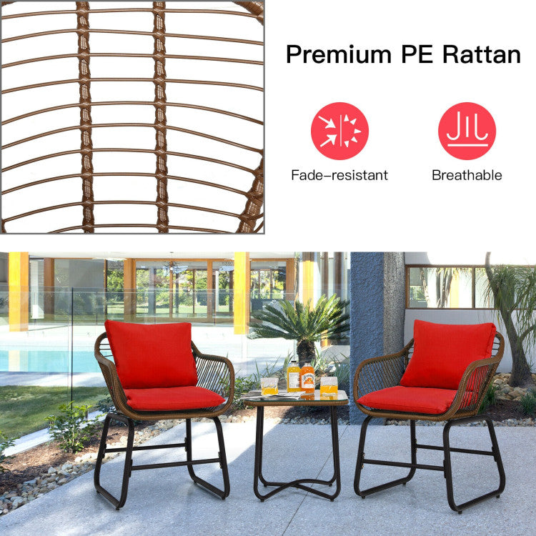 3-Piece Patio Rattan Bistro Set Cushioned Chair Glass Table Deck