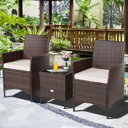 3-Piece Patio Rattan Furniture Set Cushioned Sofa and Glass Tabletop